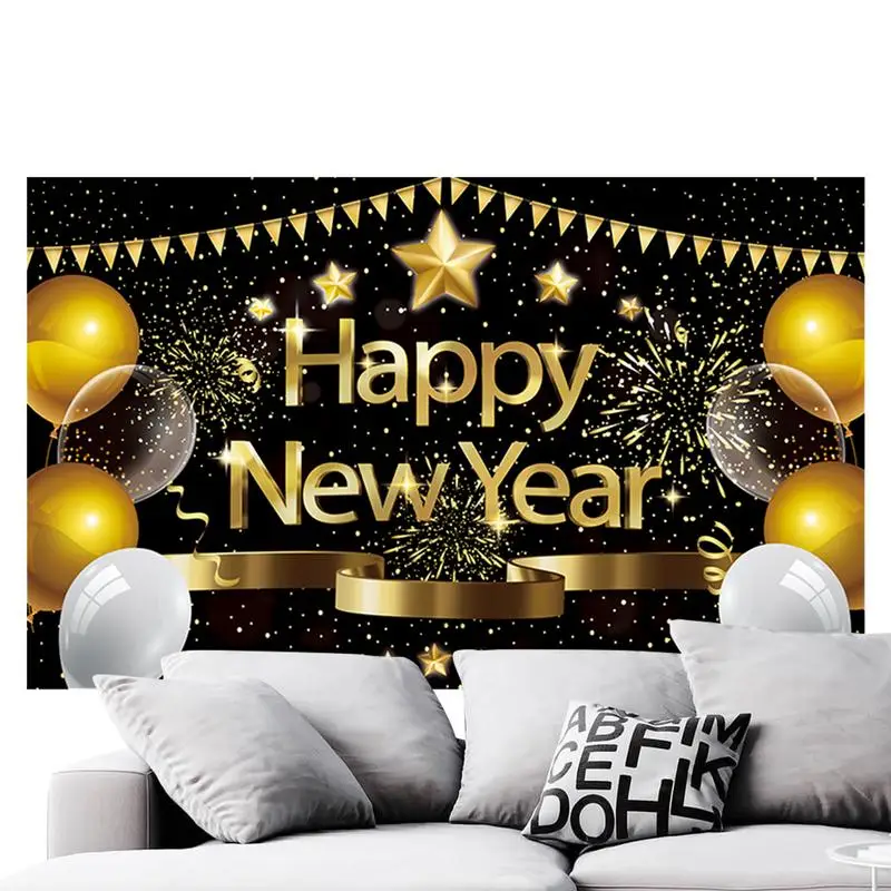 

New Years Eve Banner Black And Gold Hangable Decorative Foldable New Year Wall Decors Cheers To Eve Fireworks Champagne Balloons