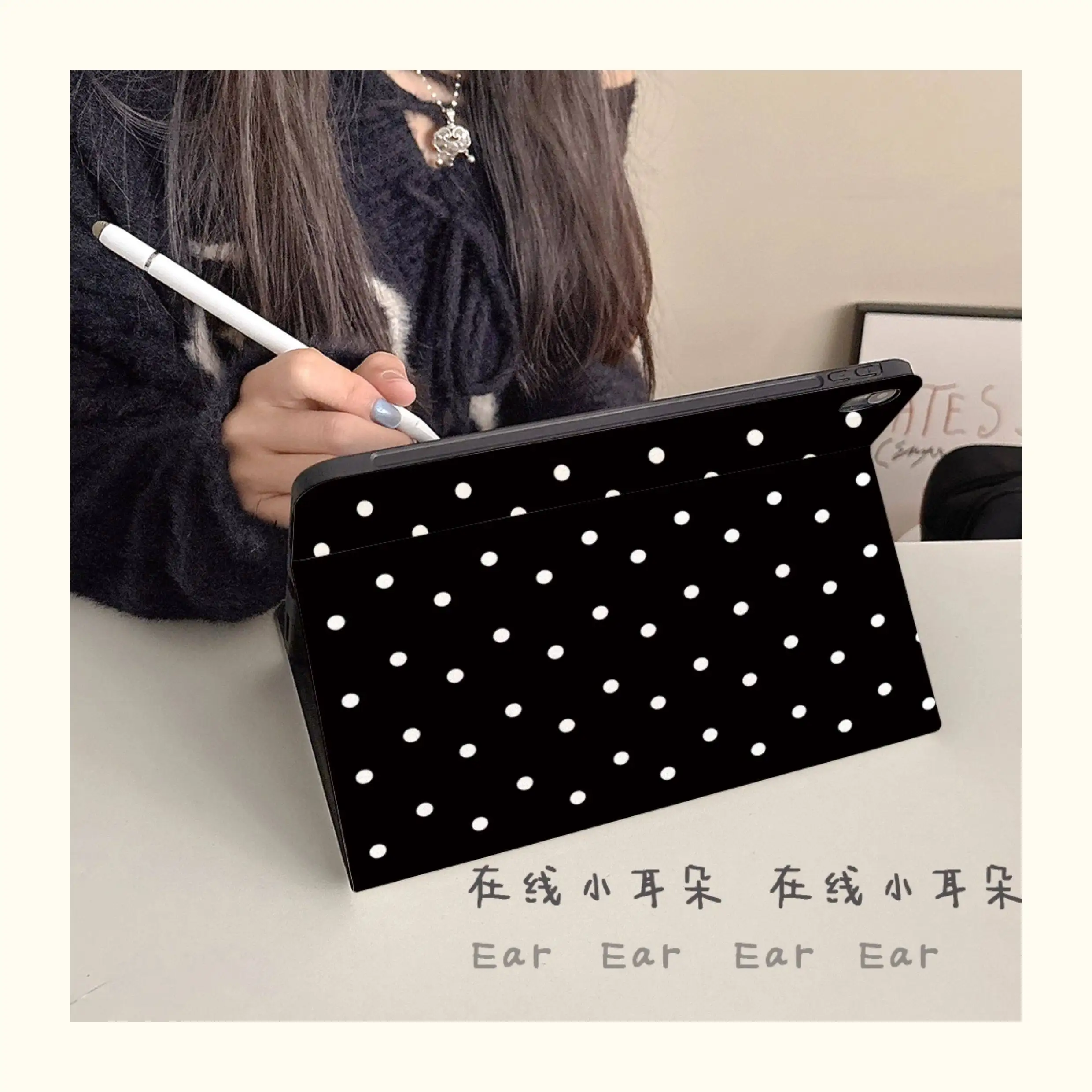 Elegant Black Polka Dots iPad Case - Book-Style Soft Shockproof Cover
