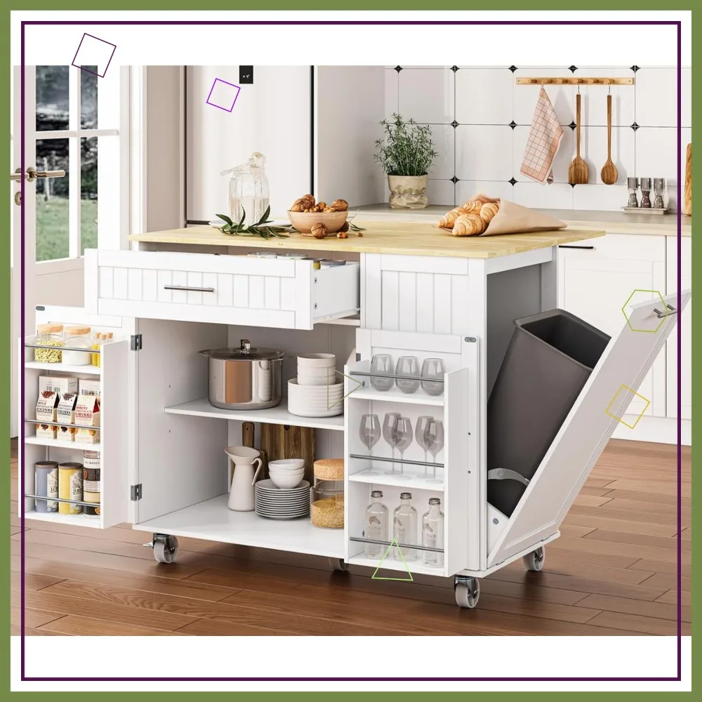 43.3" Rolling Kitchen Island Cart with Storage, Drop Leaf Rubberwood Top, Trash Can Compartment, White 1