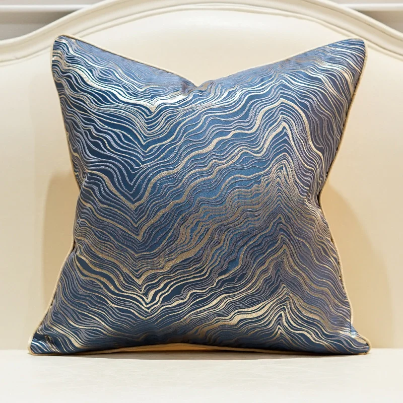Blue jacquard pillow cover with fine wavy embroidered lines