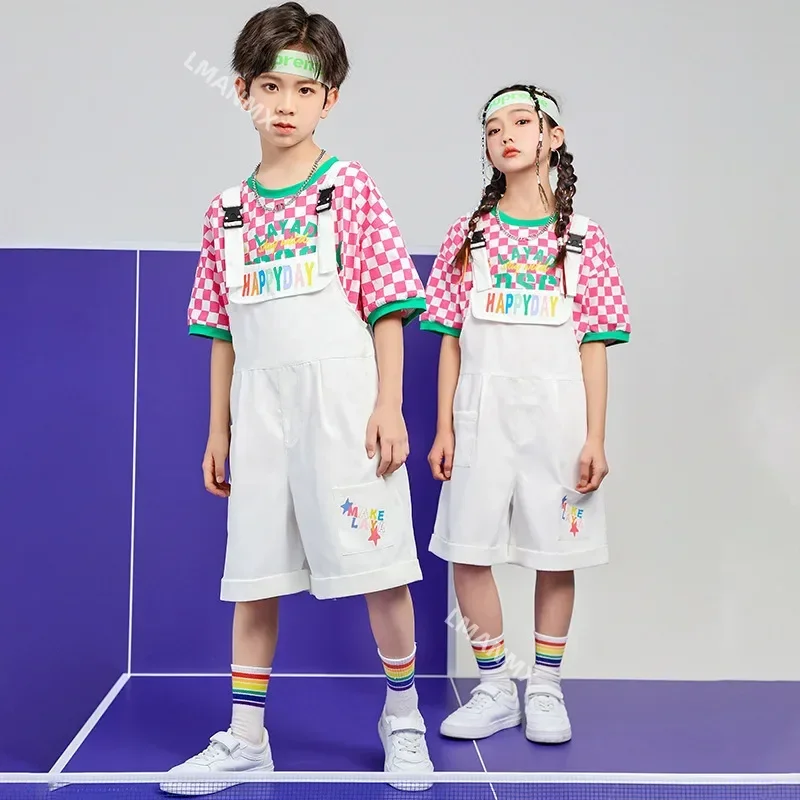 Kids Hip Hop Streetwear Plaid T Shirt White Overall Girls Jazz Dancing Costume Children Cheerleading Show Clothes 6 8 10 12 14Y