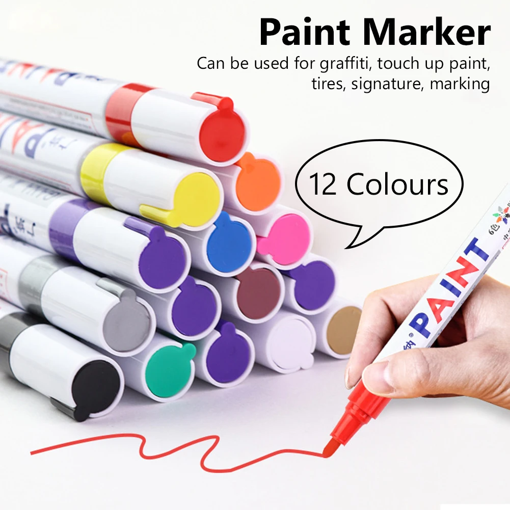 12 Colors 1Pcs Colorful Paint Marker Pen Waterproof Lasting White Markers Tire Tread Rubber Fabric Paint Metal Face Art Markers