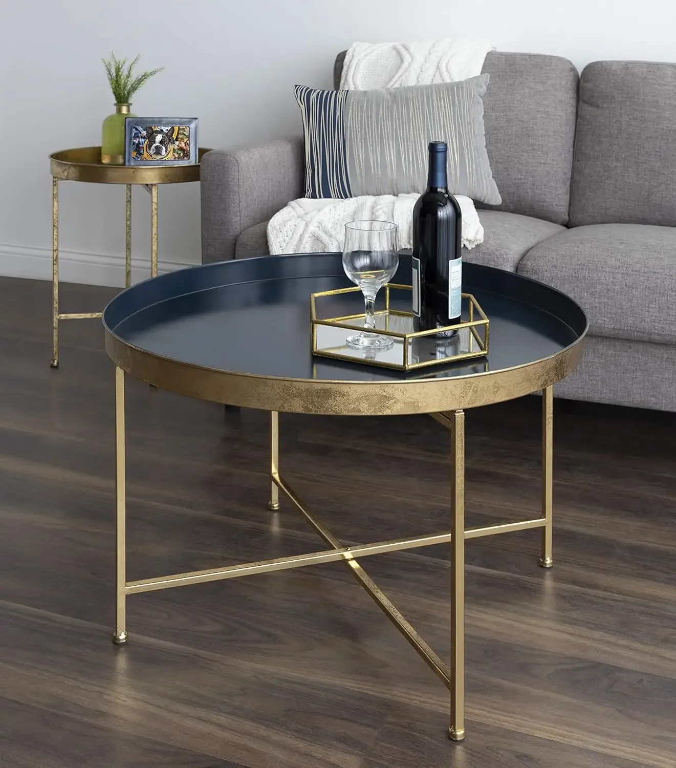 Kate & Laurel Celia Modern Glam Round Coffee Table, 28.25" x 28.25" x 19", Navy Blue & Gold Leaf,Chic Sophisticated Accent Table 2