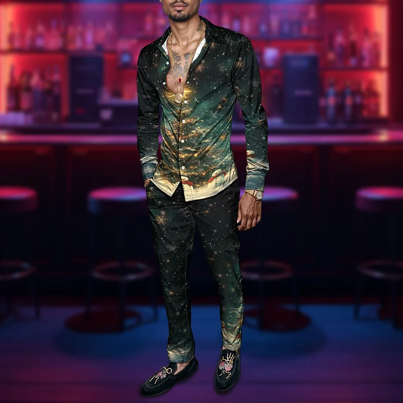 2025 Spring Summer Men Shirt Set Christmas Print Fashion Gingerbread Man Two Piece Set Mens Snowman Lightweight Party Long Sleev_voghion.com