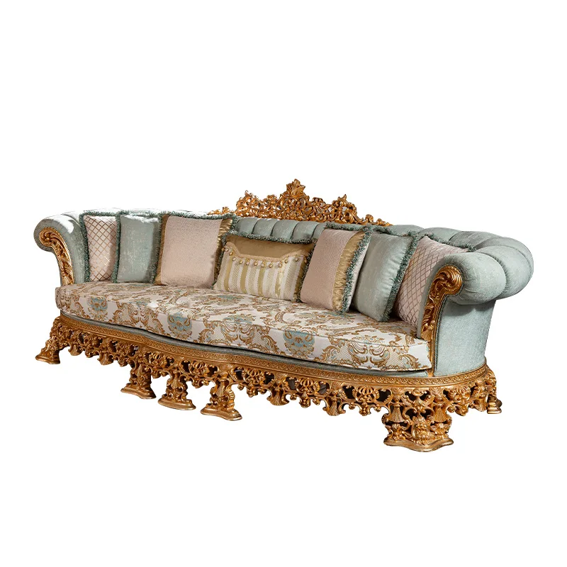 

European style all solid wood carved sofa coffee table combination villa living room furniture custom French fabric sofa