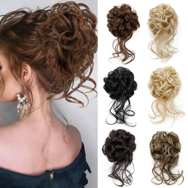 Perruque de Chignon synthétique pour femmes, bande de caoutchouc élastique, Extensions de cheveux, Chignon résistant à la chaleur, noir et marron 1
