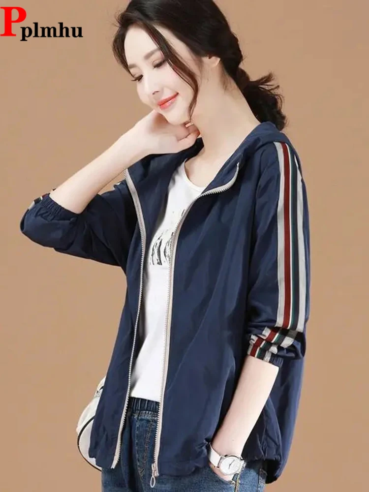 

Unlined Hooded Windproof Jackets Loose Casual Women's Chaquetas Spring Fall Long Sleeve Coats Side Stripe Fashion New Abrigos