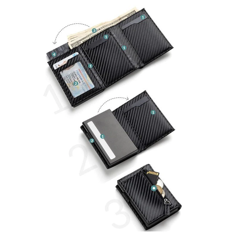 Carbon Fiber & Aluminum Men's Bifold Wallet RFID Blocking Automatic Pop-Up Cardholder Coin Compartments Business Money Purse