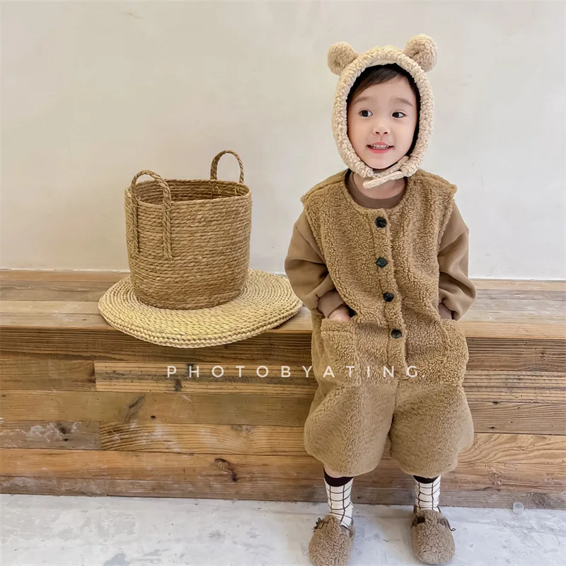 

Girl Pants 2023 New Winter Korean Fashion Style Fleece Heavy Lamb Wool Jumpsuit Girl Cotton Solid Overalls Baby Girl Clothes