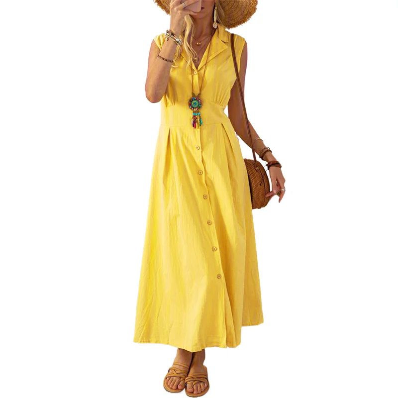 Beach Dress Women Solid Color Turn Down Collar Single Breasted Sleeveless A Line Long Dresses Vacation Party Dresses
