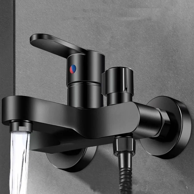 สีดํา/เงินทองเหลืองห้องน้ําก๊อกน้ําติดผนังร้อนเย็น Dual Spout Mixer Tap สําหรับห้องน้ํา Splitter 1
