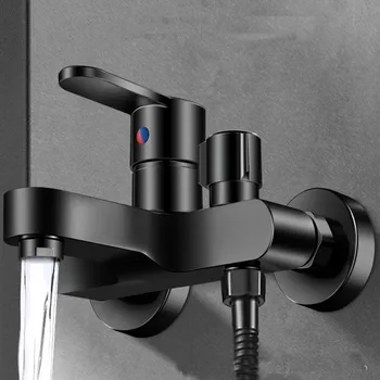 สีดํา/เงินทองเหลืองห้องน้ําก๊อกน้ําติดผนังร้อนเย็น Dual Spout Mixer Tap สําหรับห้องน้ํา Splitter 1