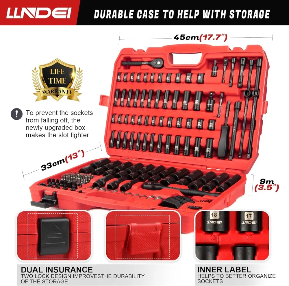 186-Piece Impact Socket Set, 1/4 & 3/8 Inch Drive, Metric and Standard Deep & Shallow Sockets with Ratchet Wrench