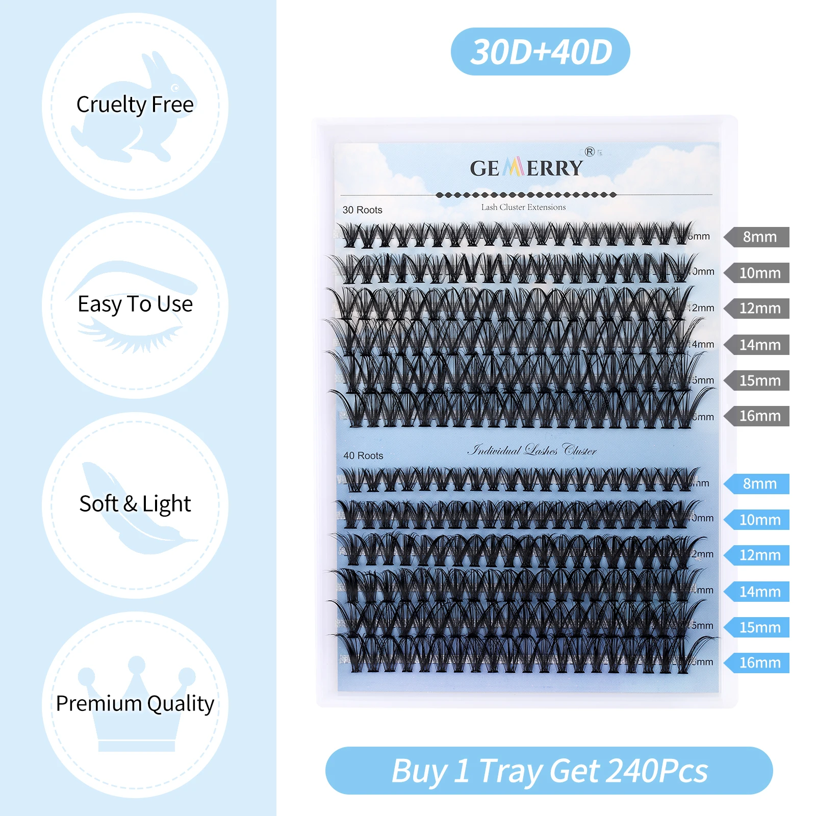 Gemerry Hot Melt Individual Lashes 240 pcs Large Tray 30P/40P D Curl Mix 8-16mm DIY Clusters Cosplay Lashes Extension Makeup