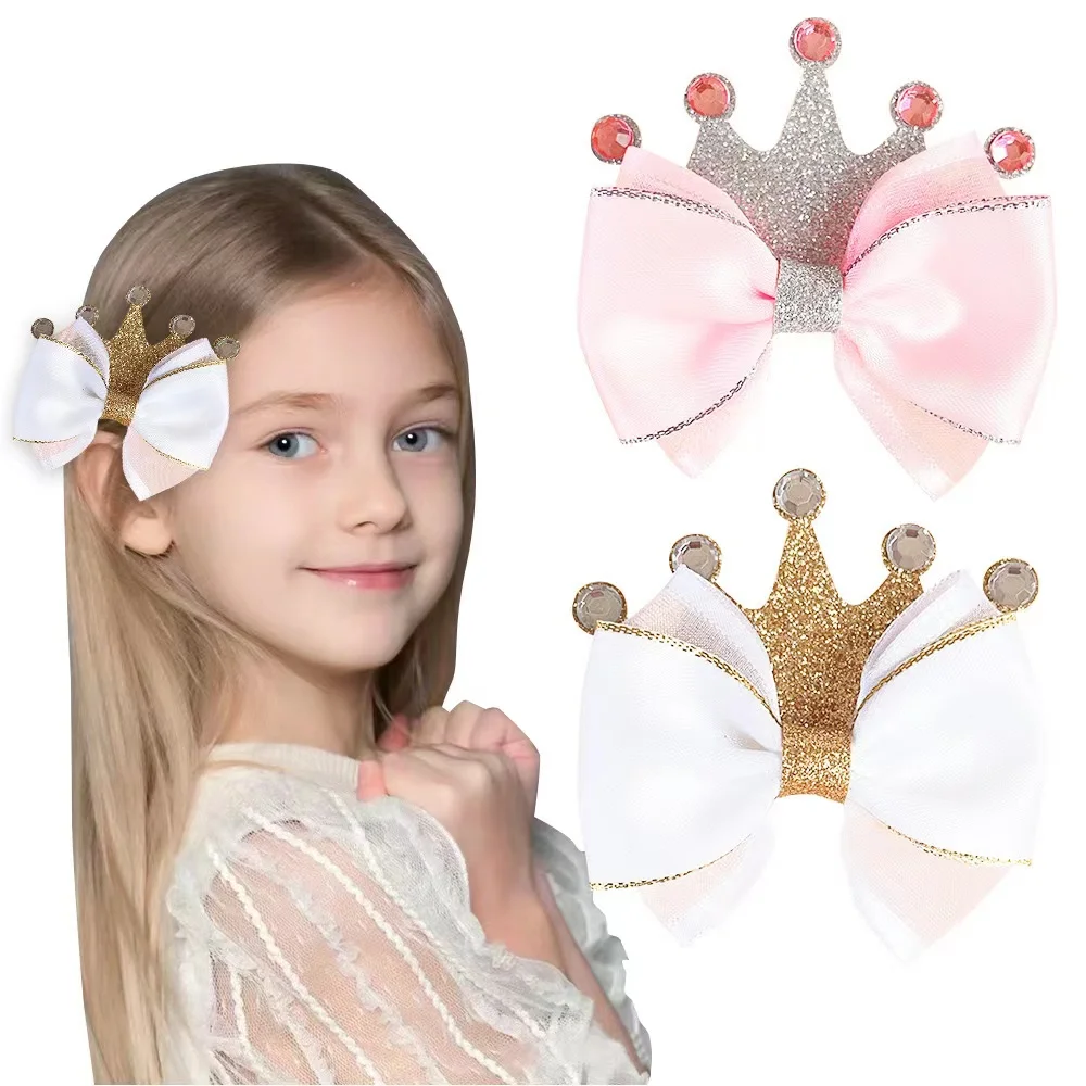 

10Pcs/Lot Sweet Girls Crystal Crown Bow Hair Clip Cute Bow Hairpin Glitter Barrettes Princess Headdress Korea Hair Accessories