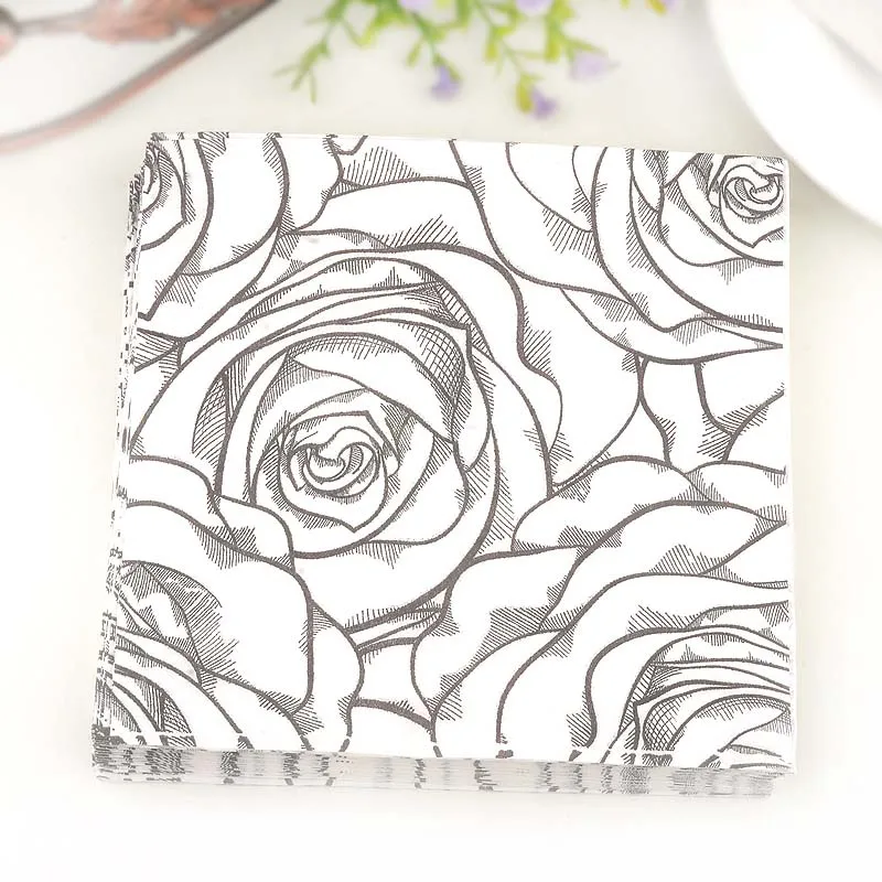 Line Drawing Rose Gold Print Napkin Placemat Paper Hotel Banquet Paper 20 Sheets Wood Pulp Mouth Cloth Wedding Wine Glass Flower