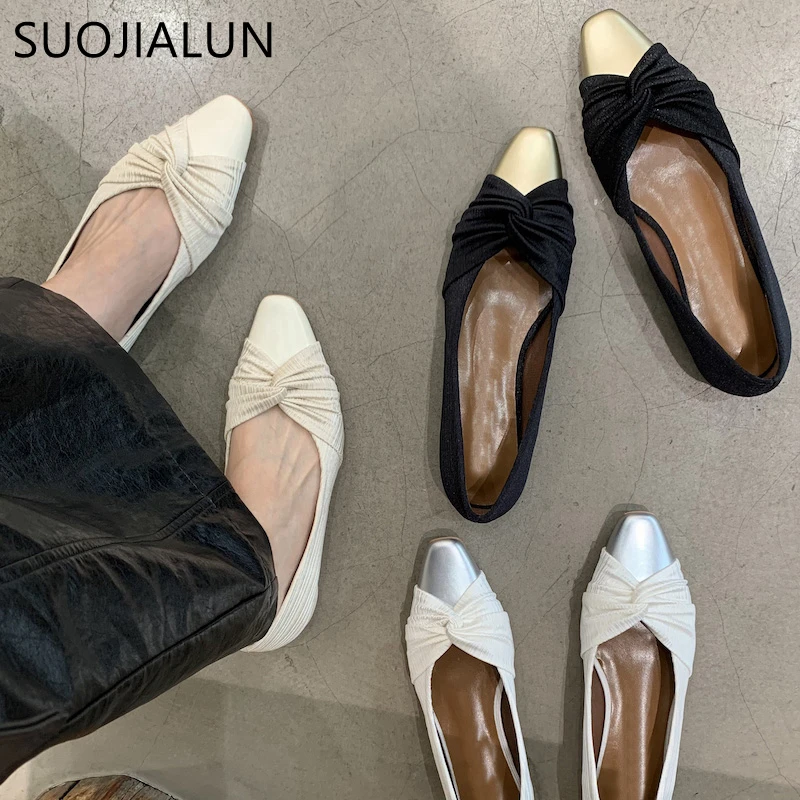 

SUOJIALUN 2023 Spring New Brand Women Flat Shoes Fashion Bow-knot Shallow Slip On Ladies Dress Ballerina Shoes Soft Sole Loafer