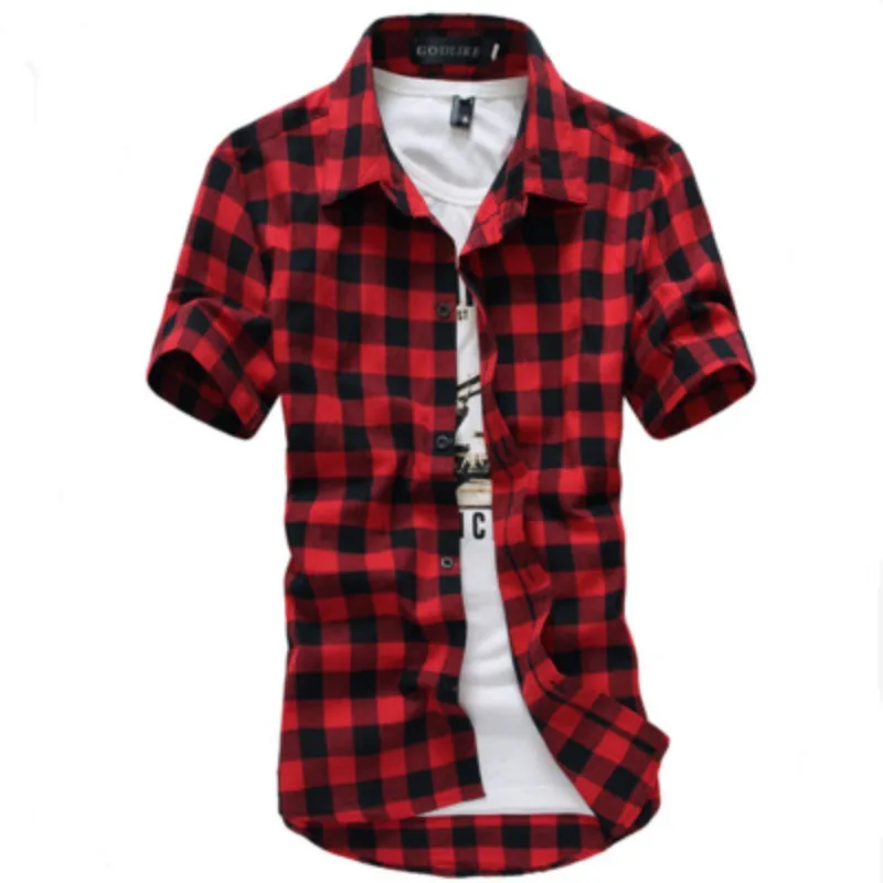 

2024 New Fashion Red And Black Plaid Shirt Summer Brand Men Casual Short Sleeve Shirts Slim Fit Chemise Homme Men Dress Shirts