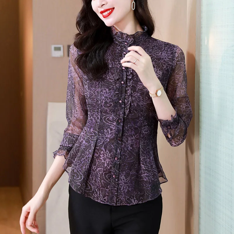 Women Clothing Solid Purple Lace Shirts Spring New Loose Vintage Jacquard French Fashion Blouse Female Mature Elegant Tops