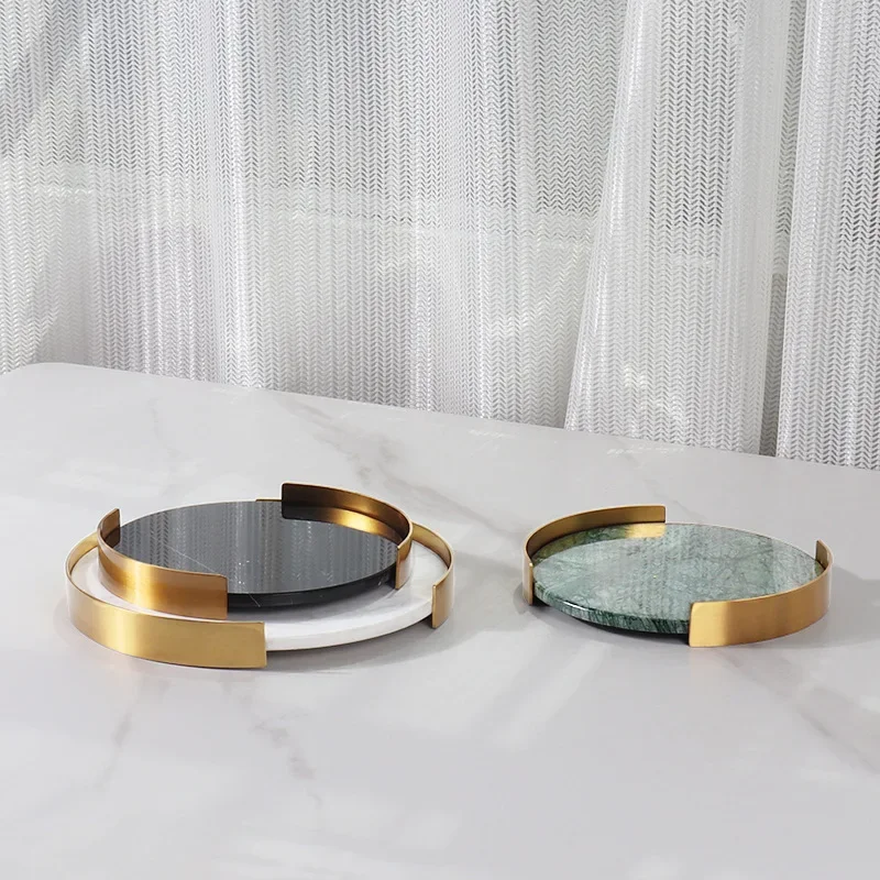 Modern Minimalist Natural Marble Metal Frame Circular Stone Tray Creative Home Tabletop Sink Bathroom Storage Tray 3