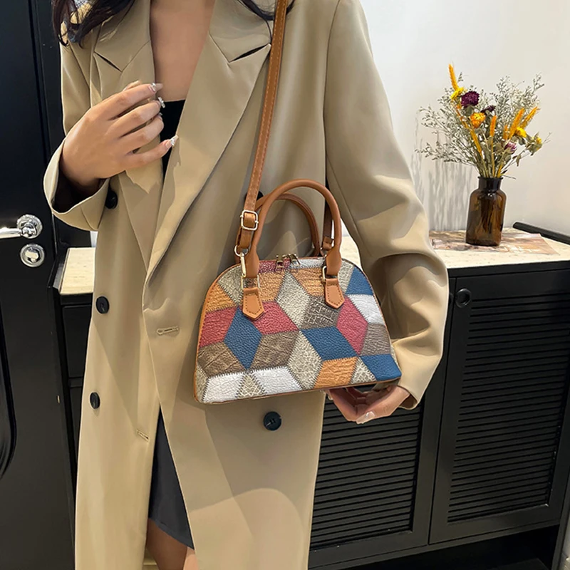 New Women Shell Crossbody Bag Contrast Color PU Leather Shoulder Bag Large Capacity for Shopping Small Handbags
