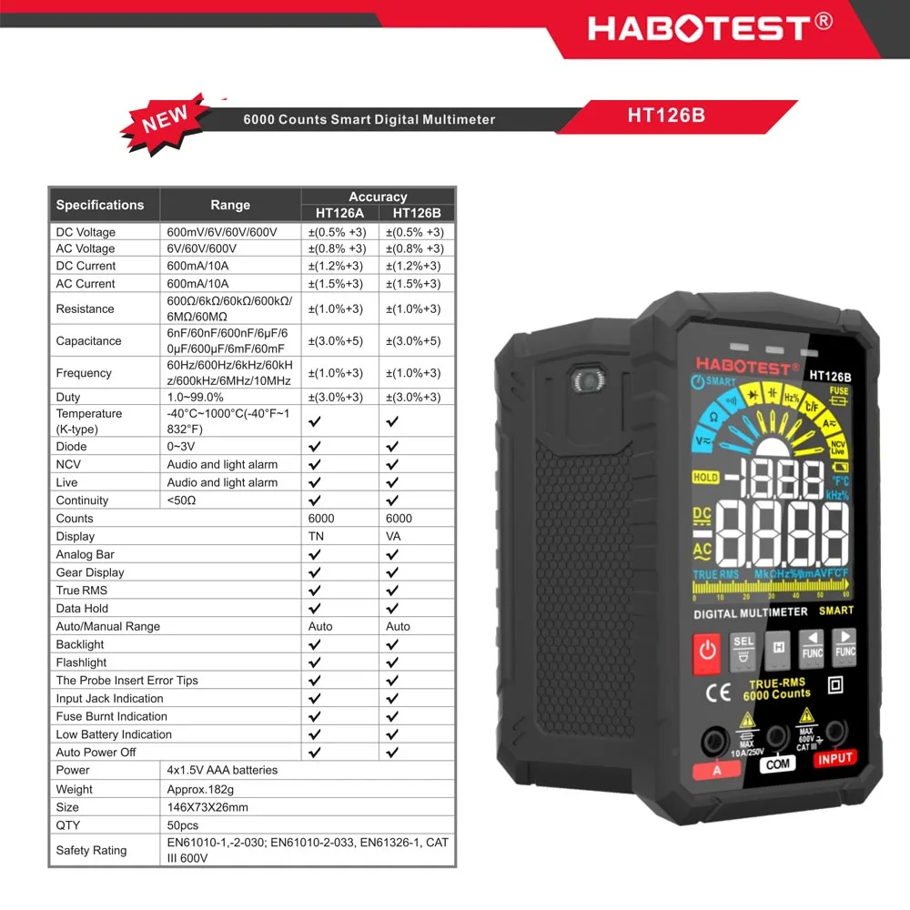 6000 Counts Digital Multimeter True RMS HABOTEST Smart AC DC Voltage Current Capacitance Frequency Duty Temperature Tester