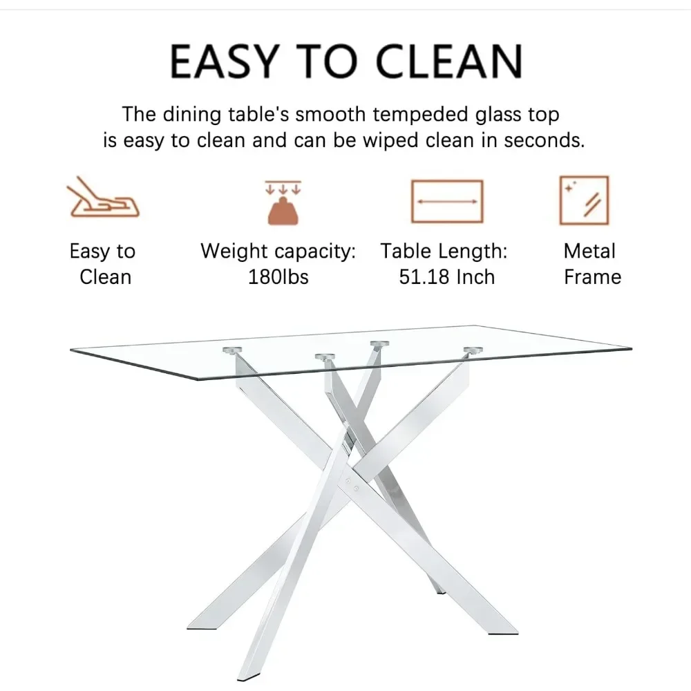 Rectangular Glass Dining Table Kitchen Glass Top Table for 4 with   Metal Legs,Dining Table Kitchen Glass Table for Kitchen 6