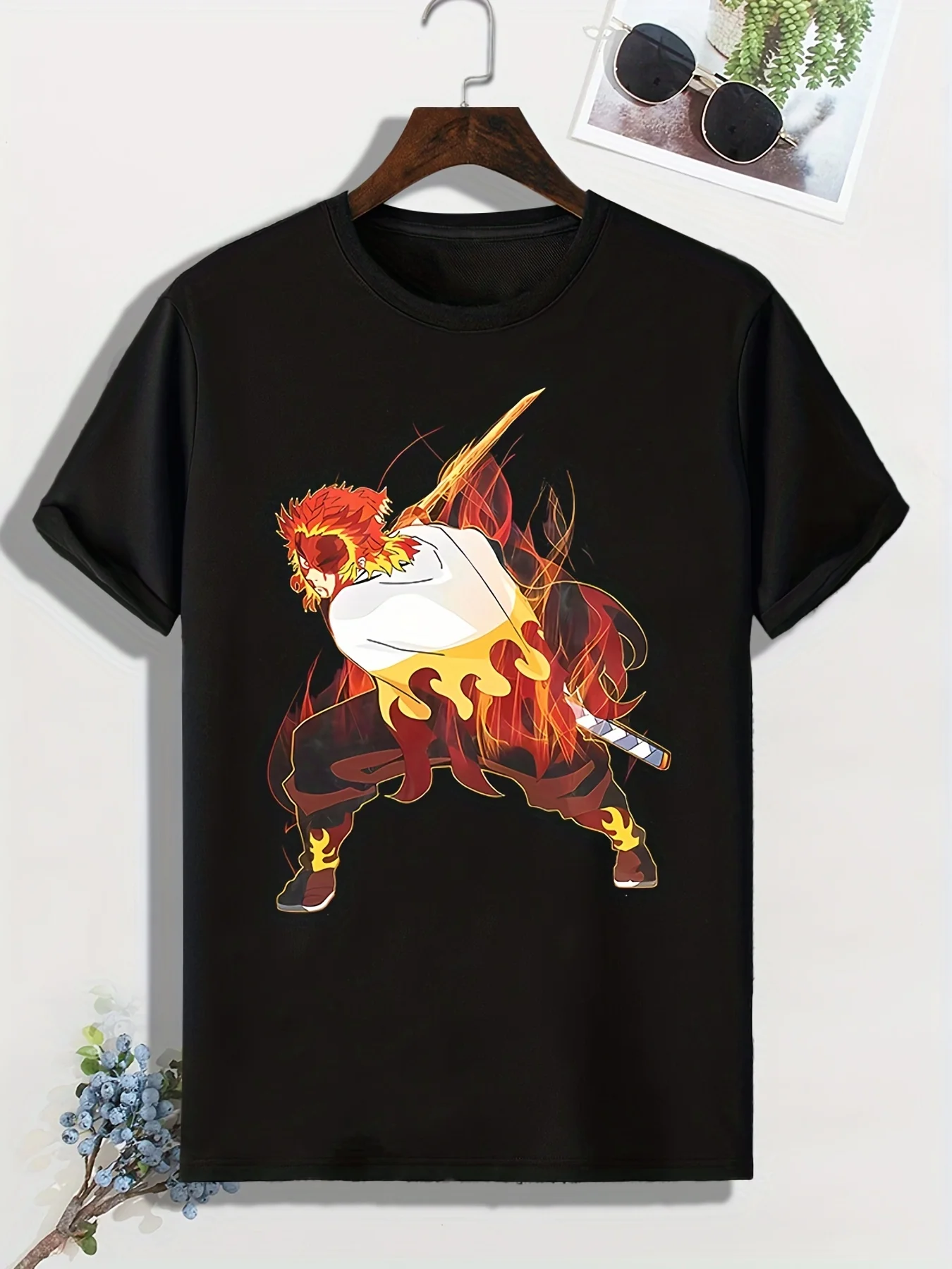 

Anime Warrior Print, Men's Graphic Design Crew Neck Novel T-shirt