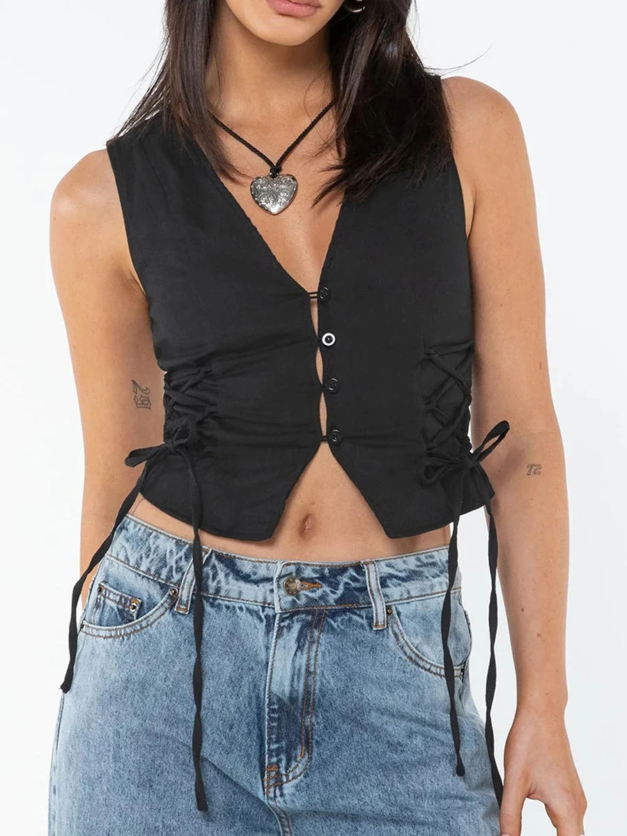 Women s Summer Tank Tops Solid Color Front Button Vest Side Cross Tie-Up Waistcoat Streetwear 3