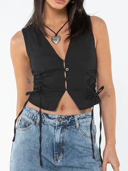 Women s Summer Tank Tops Solid Color Front Button Vest Side Cross Tie-Up Waistcoat Streetwear 3