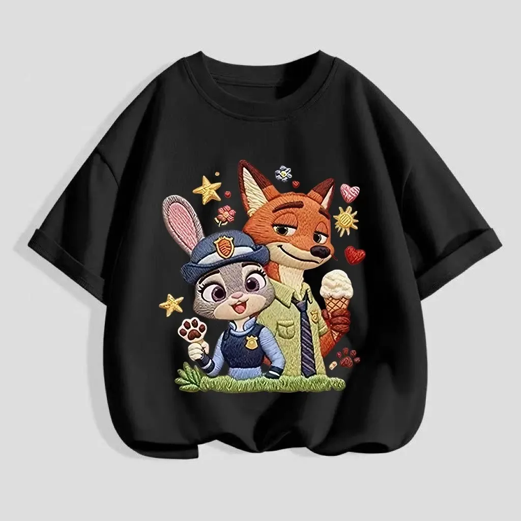 Zootopia Judy Nick 프린트 아동용 면 티셔츠 소녀를위한 다목적 캐주얼 탑 여름 반팔 라운드 넥 소녀 의류