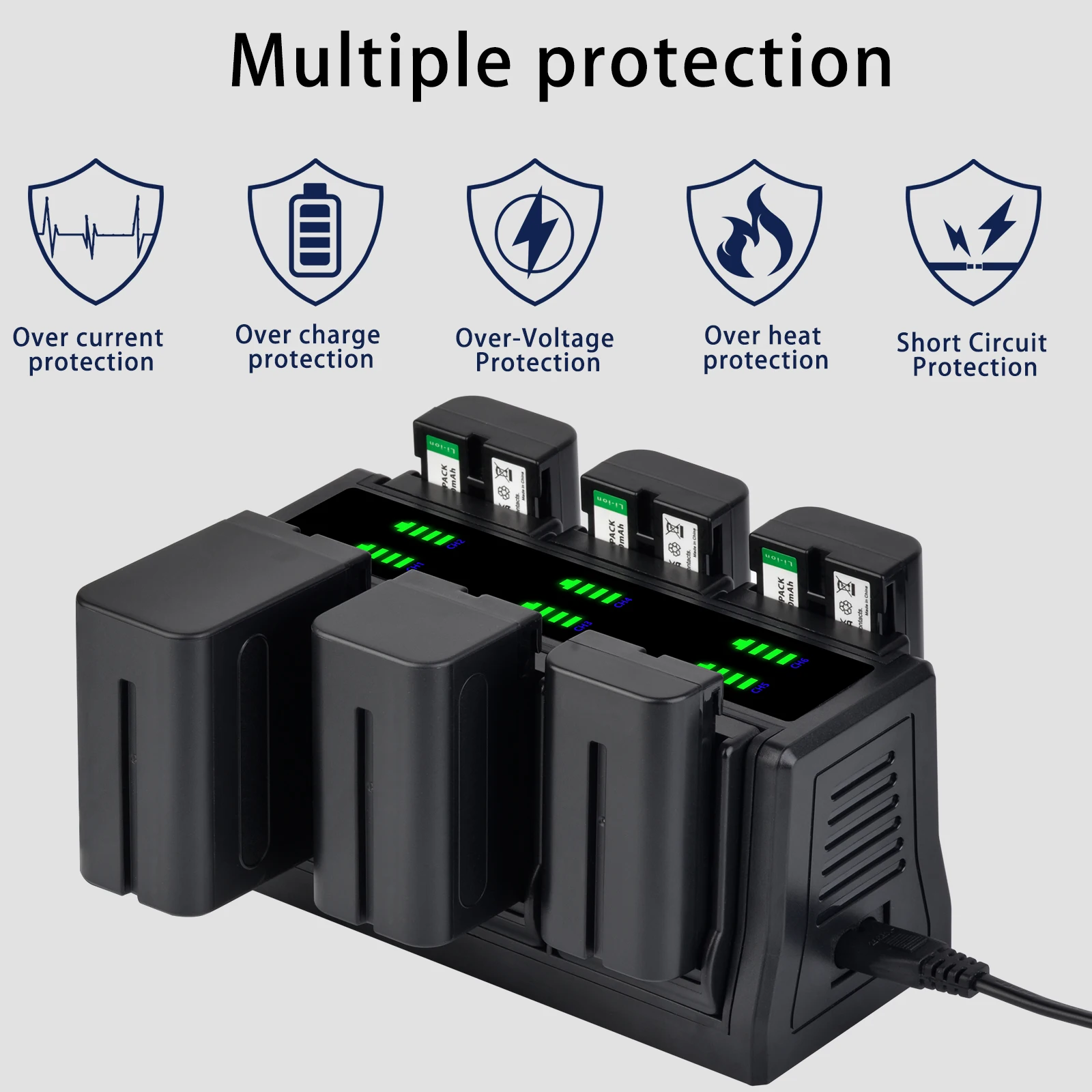 Fast Charger 6-Channel with Changeable Plate For NP-F970 NP-F960 NP-F750 NP-F550 NP-FZ100 LP-E6 EN-EL15 NP-W235