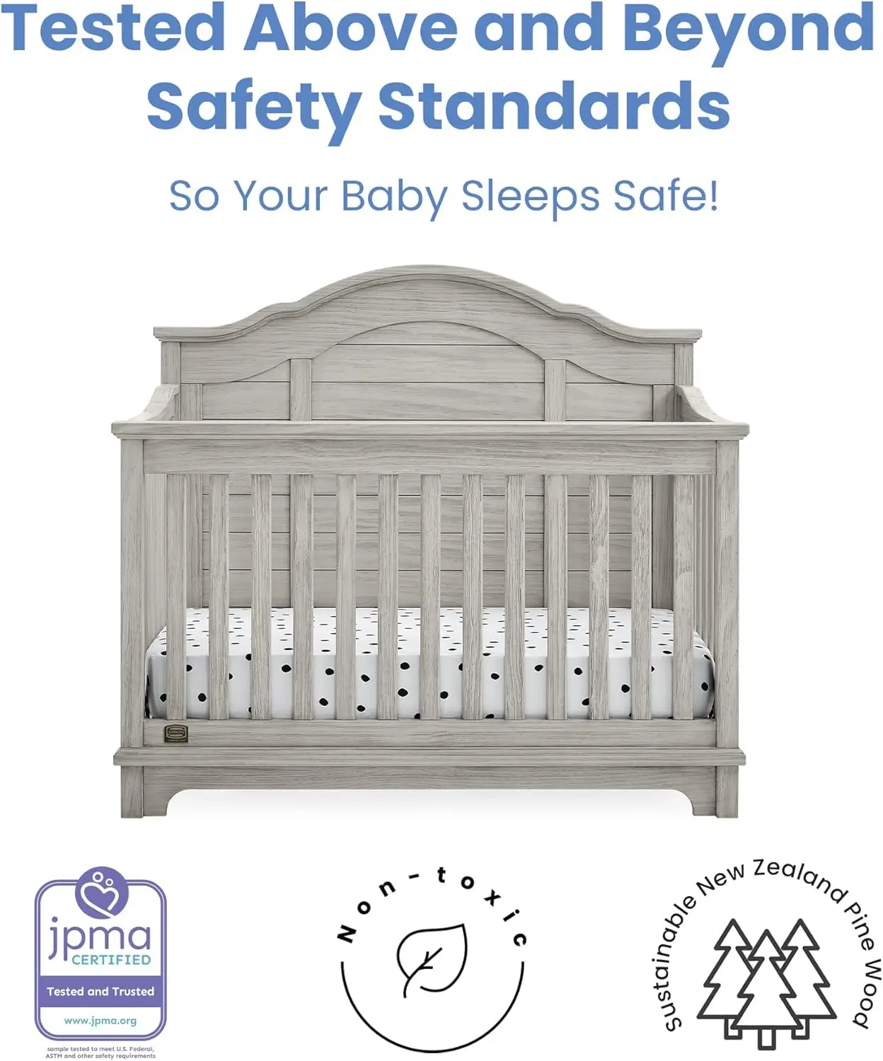 Simmons Kids Asher 6-in-1 Convertible Crib with Toddler Rail Rustic Mist certified to meet or exceed all safety standards set