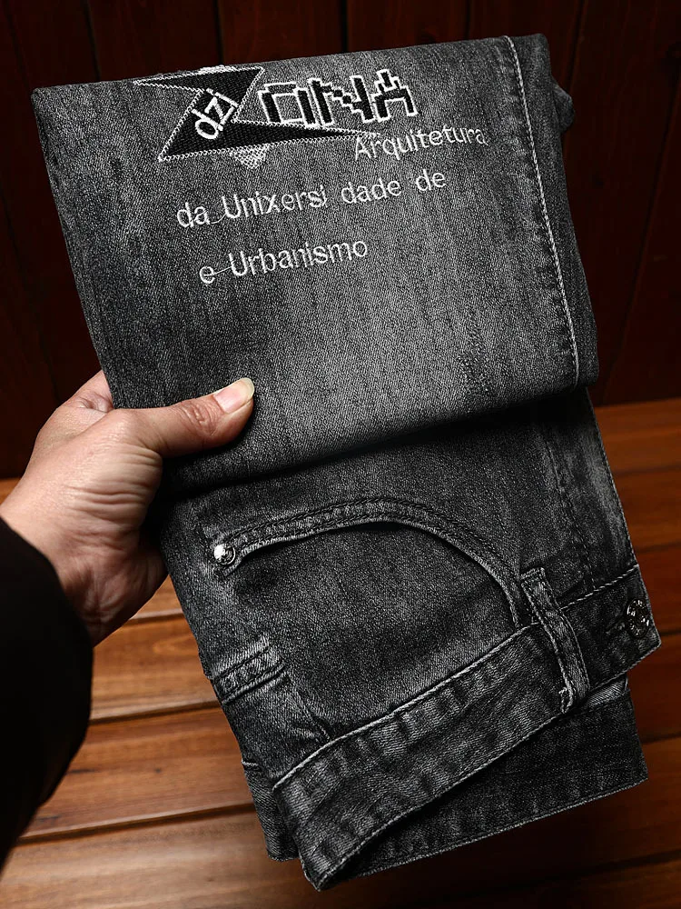 2024 New Elastic Black Gray Jeans Men's Slim Fit Skinny High-End Embroidery Personal Leisure Fashion Brand Street Pants