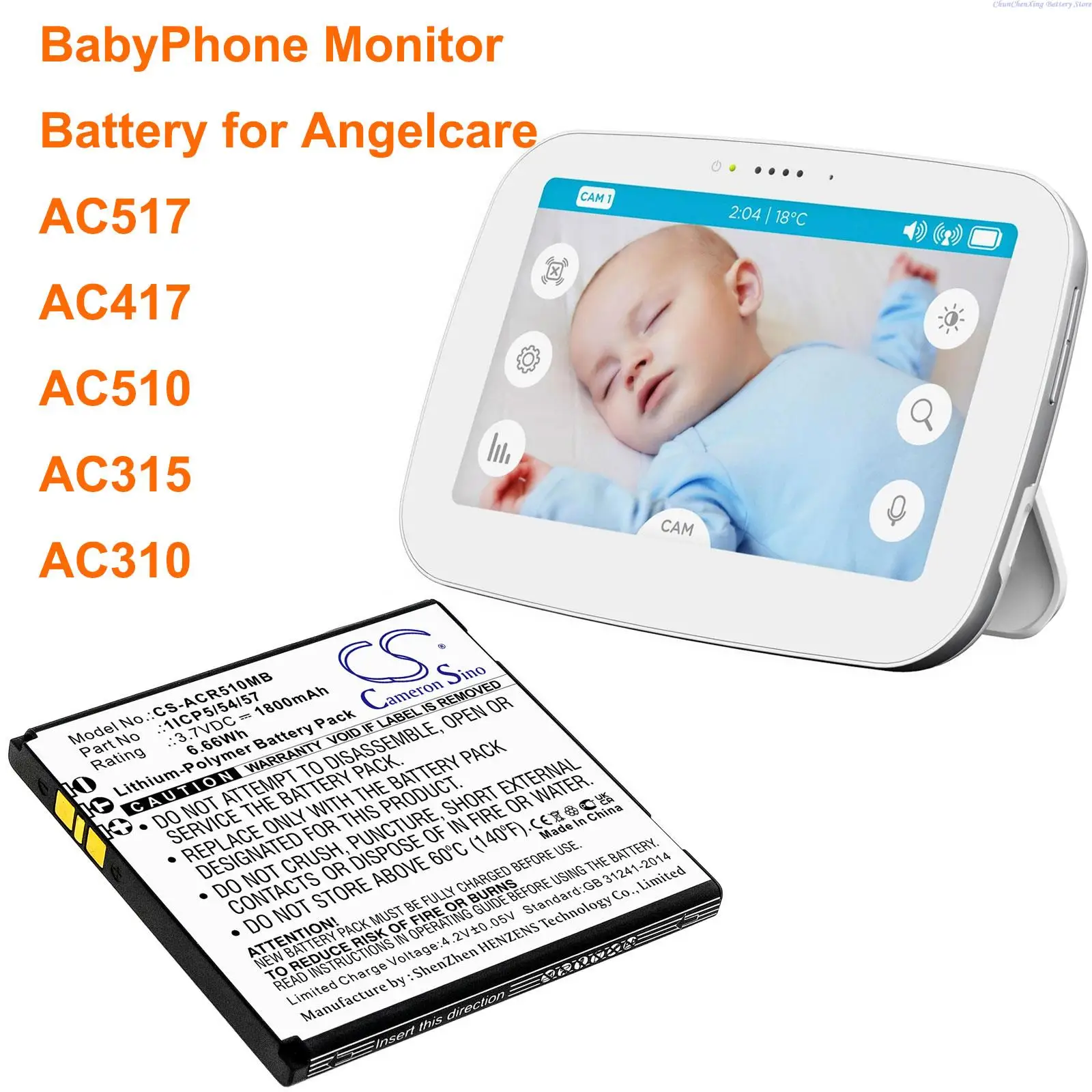 Cameron Sino 1800Mah Batteria 1 Icp5/54/57 Per Angelcare Ac517, Ac417, Ac510, Ac315, Ac310