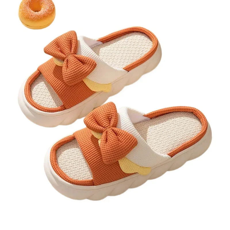 Frauen Leinen Hausschuhe Indoor Hausschuhe Comzy Anti-Rutsch-Haus Baumwolle Schuhe niedlichen Bowknot Flat Slipper Paare Rutschen Frühling Sommer