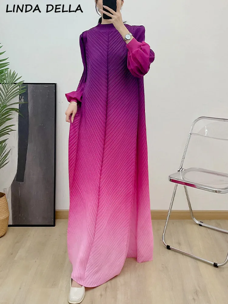 

Женское плиссированное платье LINDA DELLA, винтажное свободное платье с градиентным принтом и рукавами-фонариками, эластичное длинное платье, весна 2019