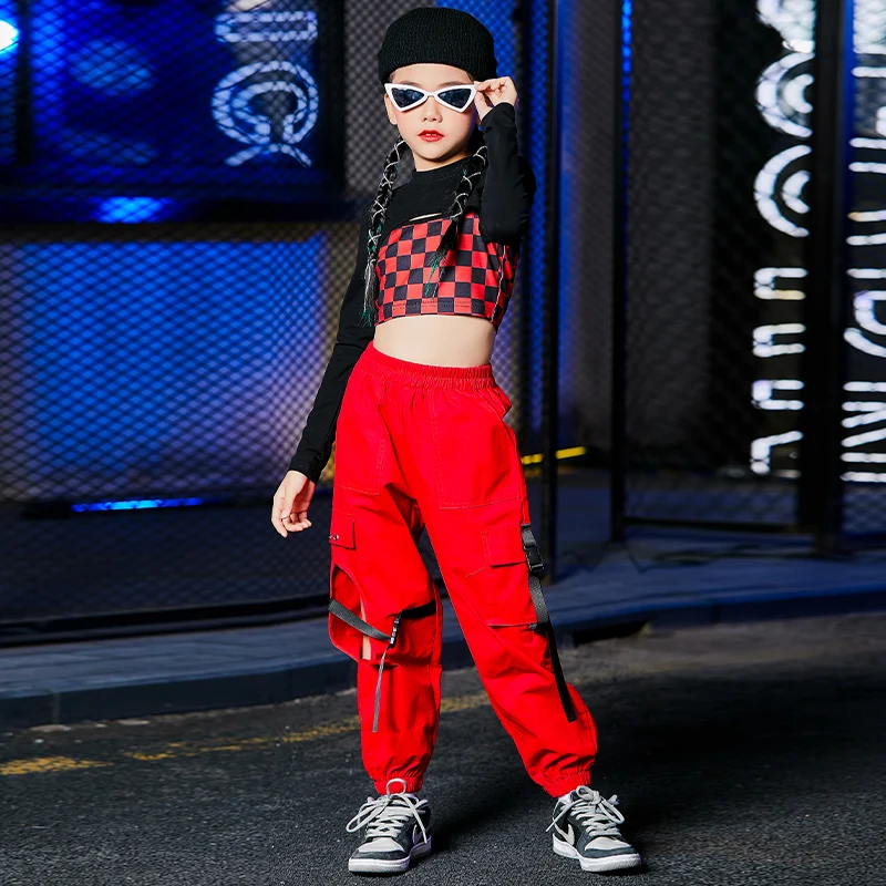 Hip Hop Dance Clothing For Girls Black Crop Tops Red Pants Street Dance Outfits Jazz Modern Stage Costumes DQS8761