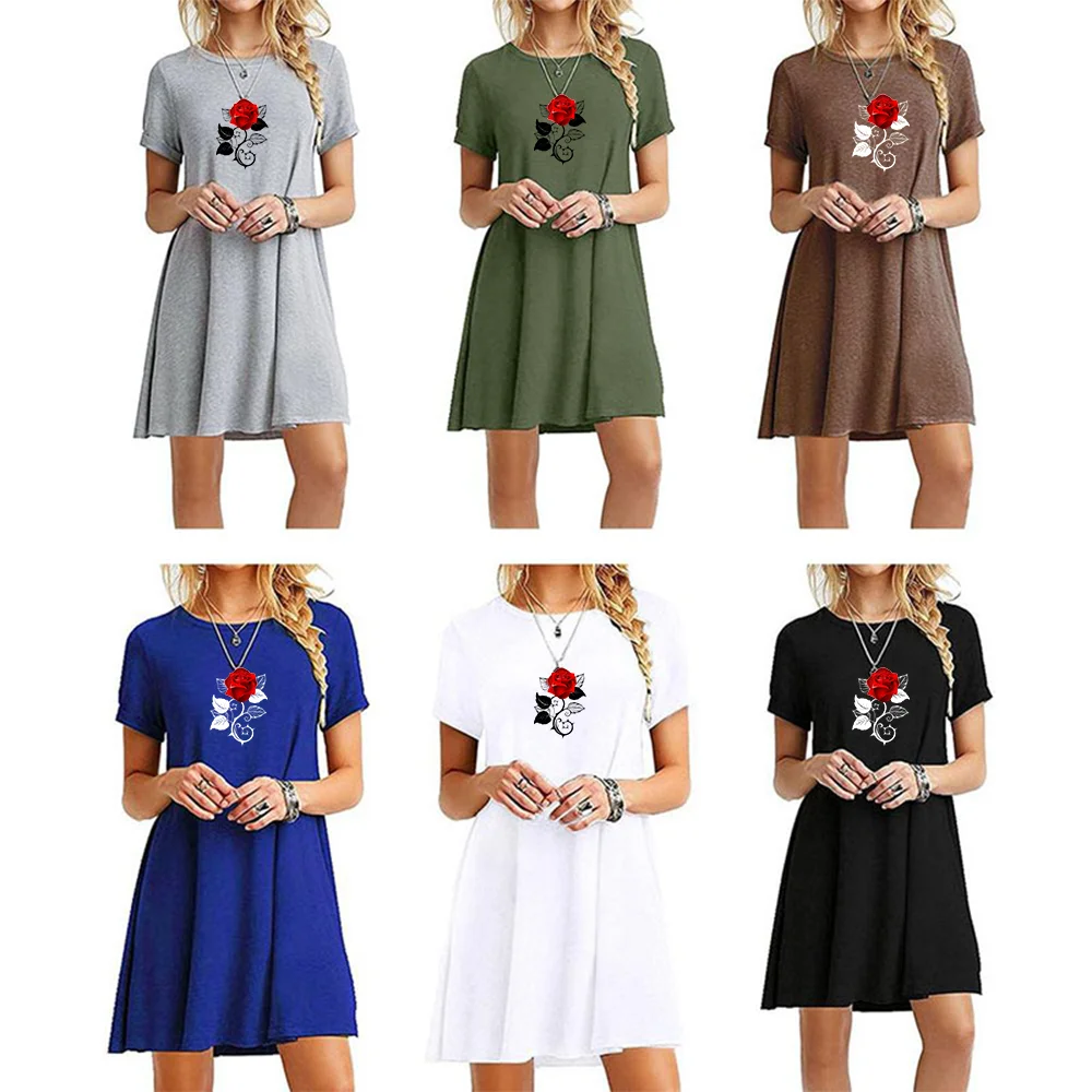 

Women Dress A Line Summer Fashion Solid O Neck Loose Casual Soft Short Sleeve Floral Print Basic Clothing