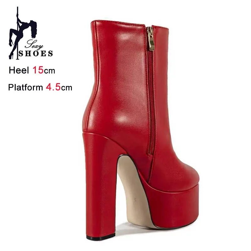 Autumn Winter Women Short Boots Red 15cm Super High Heels Thick Soled Ankle Boots Casual Side Zipper Lady Shoes Coarse Heel Boot