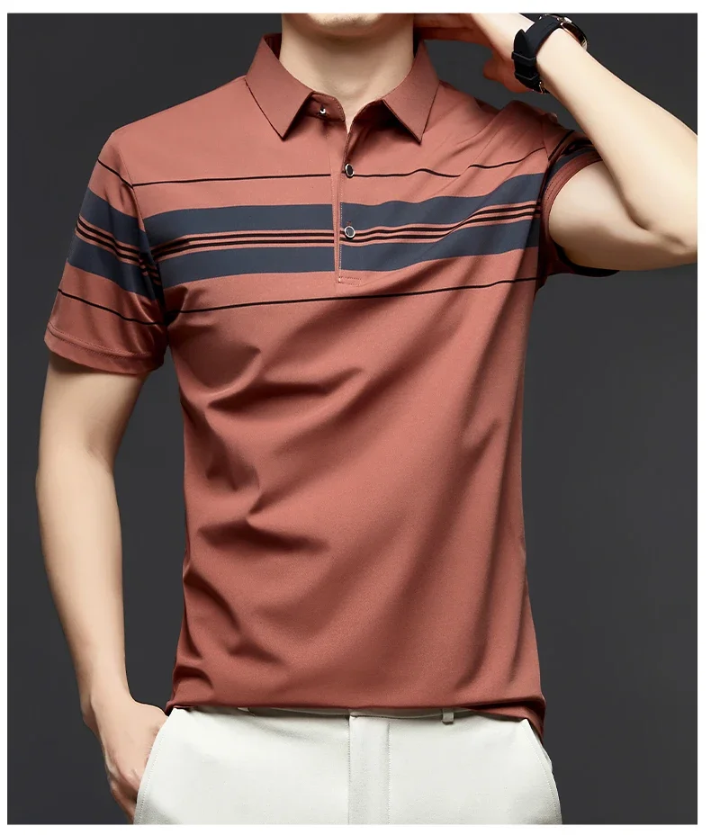 BROWON Brand 2025 Summer Men Polo Shirt Short Sleeve Lapel Collared Smart Casual Striped Office Polo Tops Tees for Men 22 S92667976ed8d4c7aad67ecc3cd92bba83