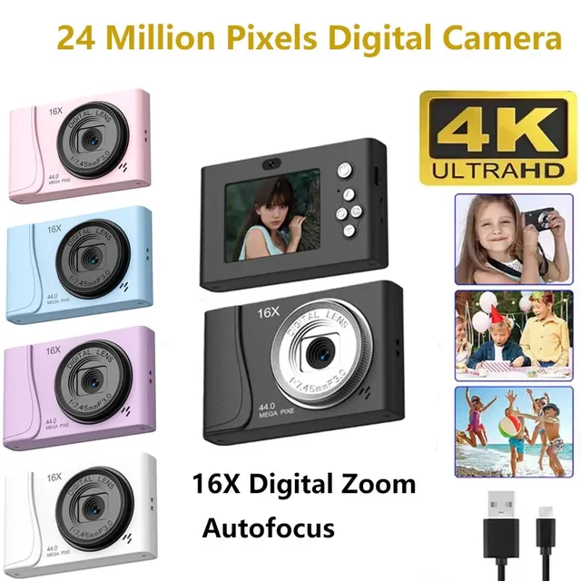 4K Digital Camera Retro CCD 24 Million Pixels Camcorder 16x Zoom Compact Cameras Auto Focus for Kids Adult Beginners Photograph