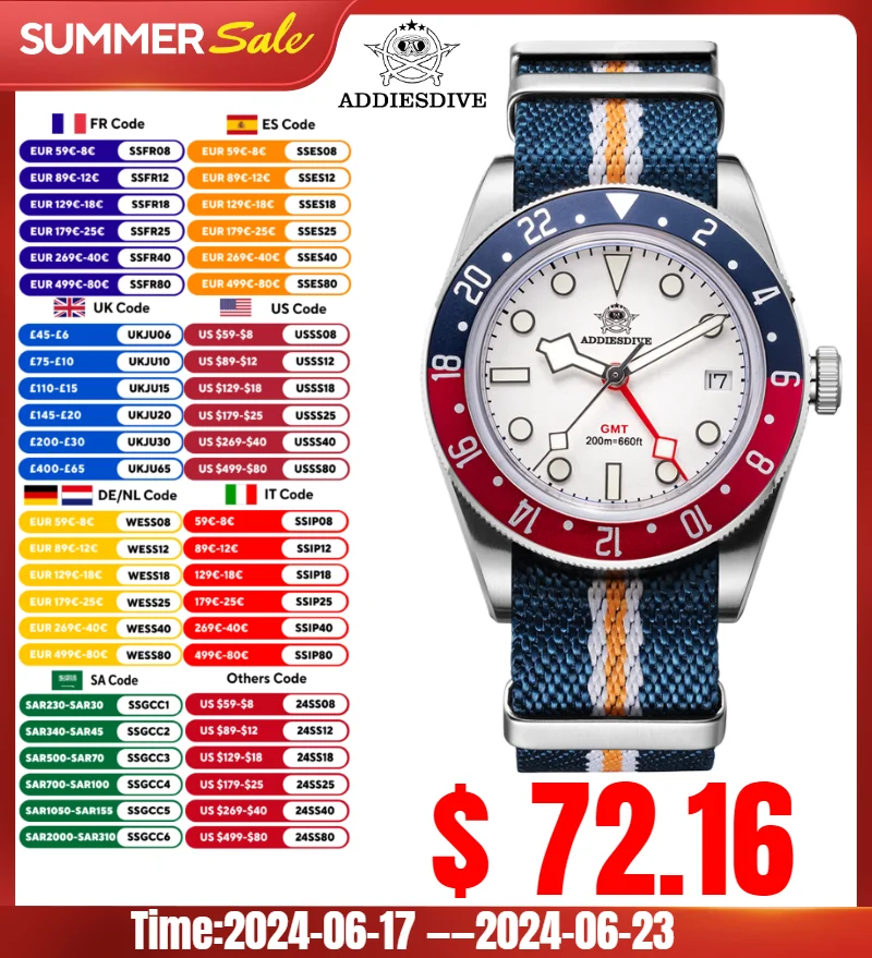 ADDIESDIVE 39mm Men Luxury Watch Reloj Hombre Bubble Mirror Glass 20Bar Waterproof BGW9 Super Luminous GMT Watch Quartz Watches