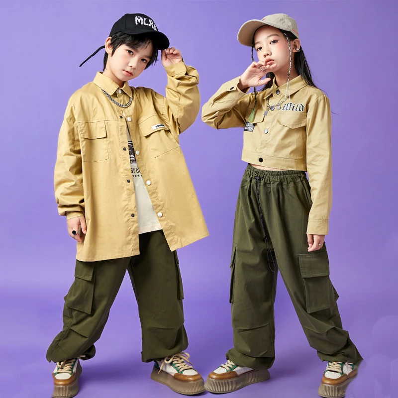

Kids Hip Hop Clothing Khaki Shirt Green Pants For Boys Girls Jazz Costumes Street Dancing Clothes Stage Kpop Outfit SL7604