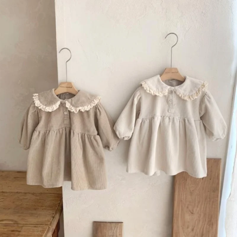 

2023 Spring Baby Clothes Toddler Lace Patchwork Lapel Corduroy Dress Girls Party Dresses