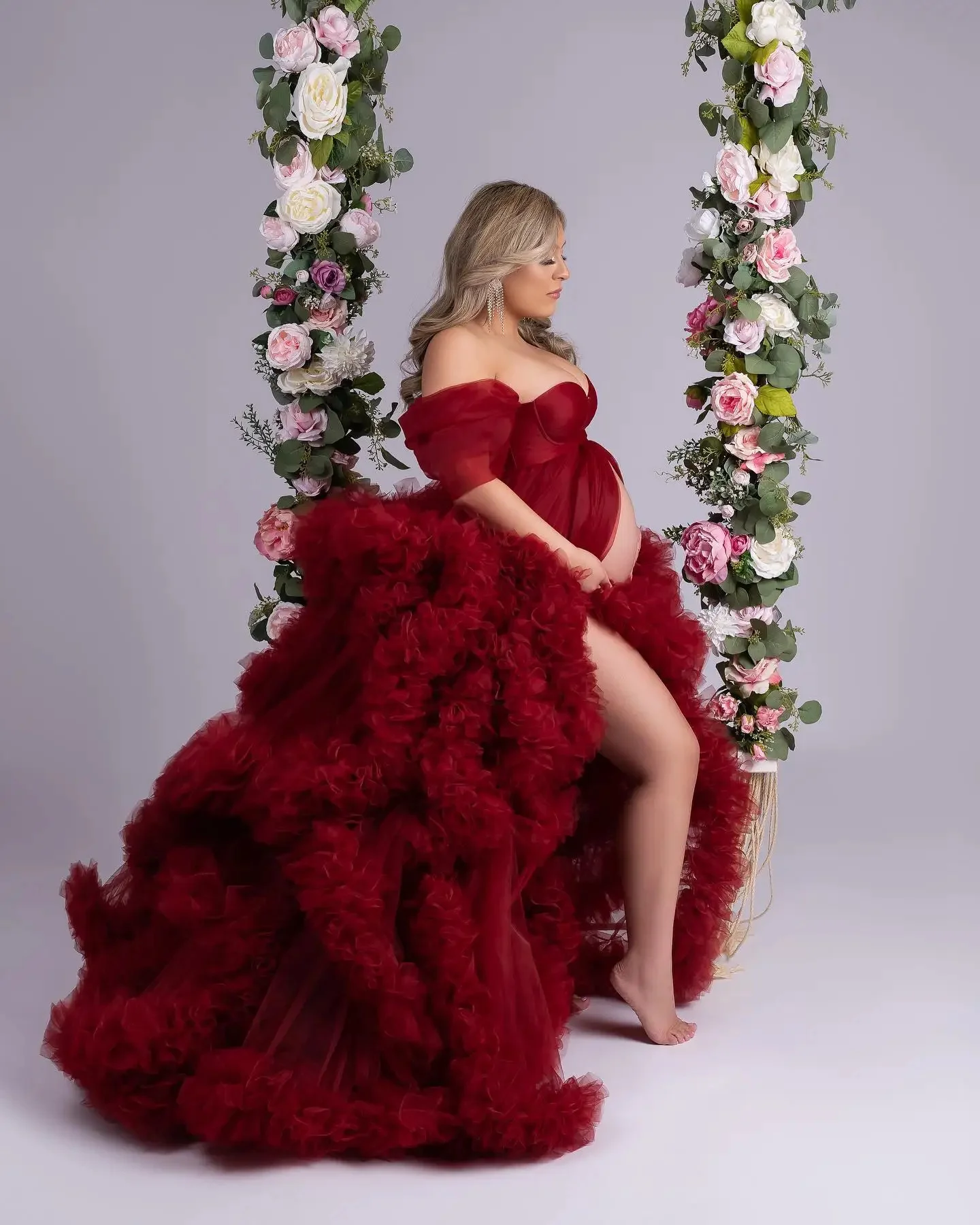Red Ruffles Maternity Dress for Photoshoot Pregnancy Photography Gowns Babyshower Dresses Bathrobe Wear Customized
