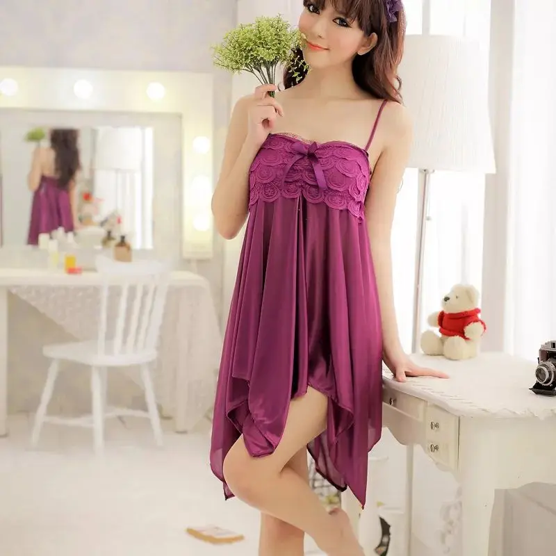 Female Women Sexy Lace Bowknot Sleeping Dresses Lingerie Silk Nightgowns Night Gown Sling Sleepwear Night Dress