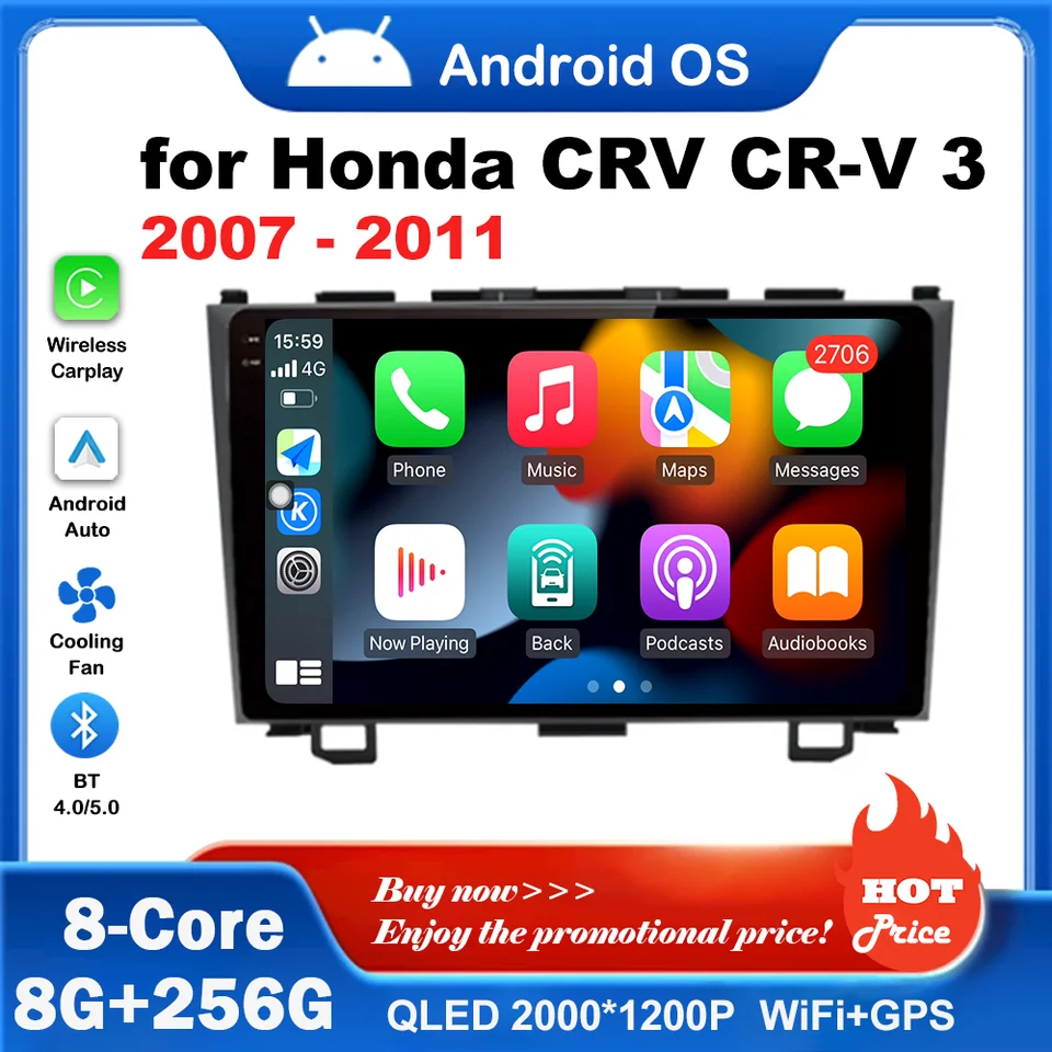 Autoradio Android 9" Pour Honda CR-V 3 2007-2011 | 6Go+128Go, 8 Cœurs | CarPlay/Android Auto Sans Fil | GPS, WiFi, Caméra De Recul