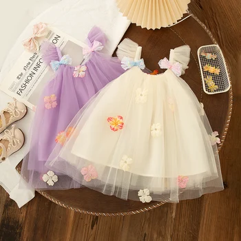 0-2 Years Baby Girl Dress Korean Style Flower Bow Purple Suspender Princess Dress Summer Beach Party Dress for Kids Girl