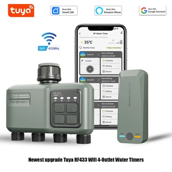 Tuya Wifi+RF433 smart Garden Sprinkler Water Timer 4-Outlet Rain Delay Filter Programmable Automatic Irrigation Controller